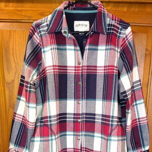 Orvis Fleece Lined Flannel Shirt Womens Medium Shacket Snap Jacket Plaid Red Blu